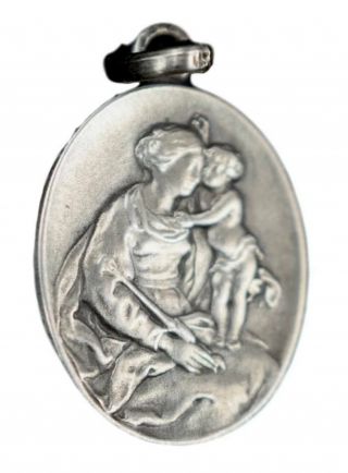 French Antique Sterling Silver Madonna And Child Medal Pendant Charm