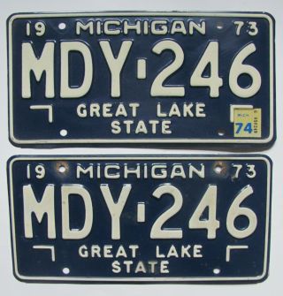 1974 Michigan Car License Plates Pair