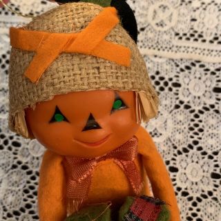 Vintage Halloween Scarecrow Plastic Pumpkin Head Felt Body Knee Hugger Japan 2