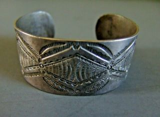 Large And Heavy Vintage Navajo Silver Cuff Bracelet With Stamp Work