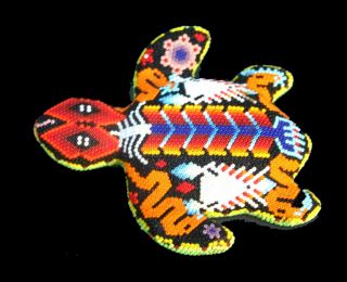 Huichol Folk Art Indian Tribal Mexico Colorful Beaded Turtle Figurine