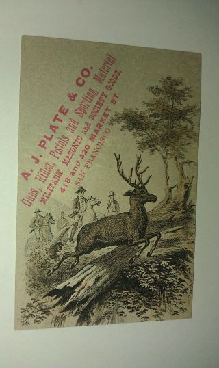1880s San Francisco Ca Aj Plate Gun Rifles Sport Hunters Buck Deer Ad Trade Card