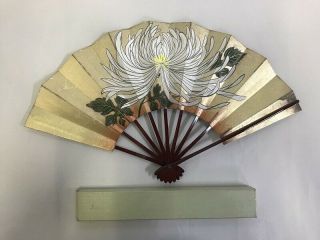 Folding Hand Fan Sensu Bamboo Handle Hand Paint Box Flower Japanese Vtg X81