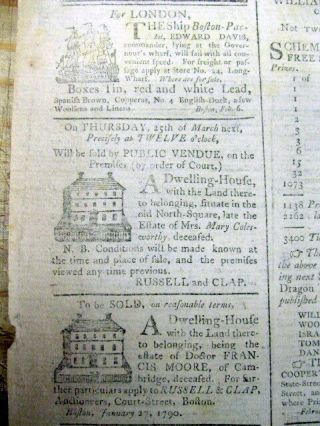 1790 Newspaper W 230 Year Old Illustrated Real Estate Ads Boston Massachusetts