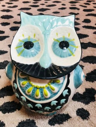 Anthropologie Blue Owl Cookie Jar Ceramic 8x6.  5 Home Decor Canister