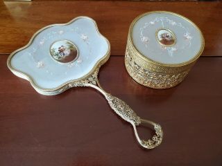 Antique Gold Gilt Hand Mirror & Powder Or Jewelry Case W/ Painted Oval Inserts
