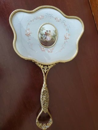 Antique Gold Gilt Hand Mirror & Powder or Jewelry Case w/ Painted Oval Inserts 2