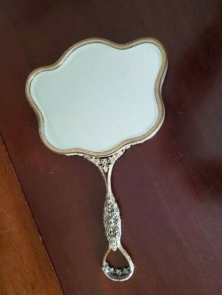 Antique Gold Gilt Hand Mirror & Powder or Jewelry Case w/ Painted Oval Inserts 6