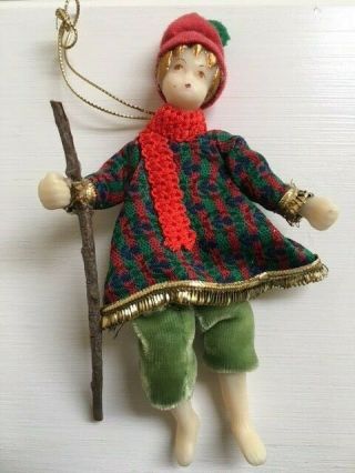 Vtg Koestel West Germany Wax Christmas Ornament Boy W/ Walking Stick Estate Find