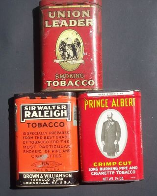 3 - Old Vintage Tobacco Tins,  Sir Walter Raleigh,  Prince Albert,  Union Leader 2