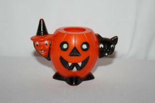 Vintage Rosbro Rosen Hard Plastic Halloween Witch Black Cat Pumpkin Candy Holder