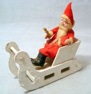 Antique Usa Early Clay Face Santa Claus St Nick In Mica Cardboard Sleigh 1920 