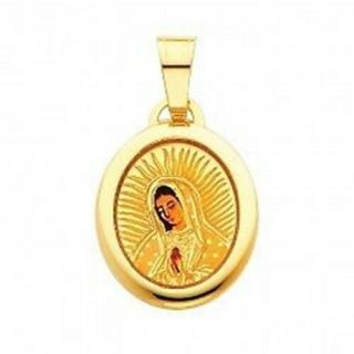 Plain Round Our Lady Of Guadalupe Medal Charm Real 14k Yellow Gold 3/4 " Pendant