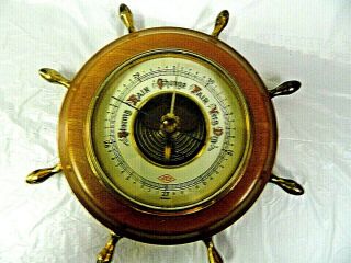 Vintage Barometer Nautical Ship Wheel Atco Made In Germany Wood Base Metal Knobs