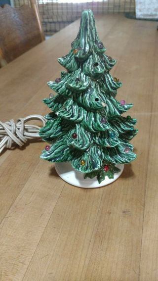 Vintage Mini 7” Green Ceramic Lighted Christmas Tree With Base