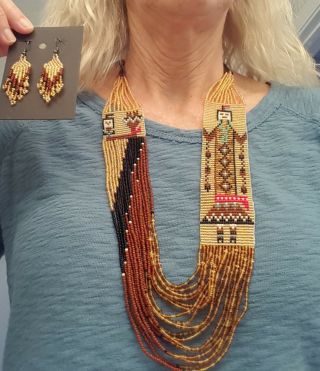 Handmade Navajo Beaded Rug Pattern Necklace And Earrings By Rena Charles