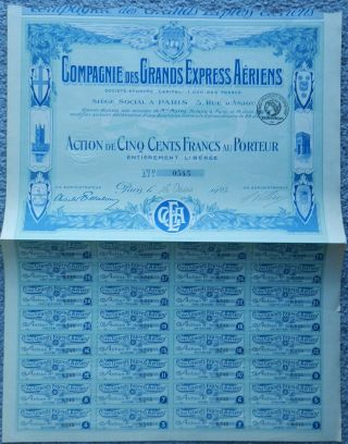 Vintage Stock Certificate - Compagnie Des Grands Express Aeriens