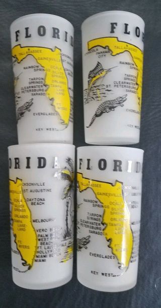 Vintage Florida Souvenir Glasses Tumblers Frosted Yellow State Map Flamingos 5 "