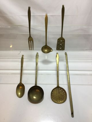 Set Of 6 Vintage Brass Kitchen Cooking Utensils With Wall Hanger