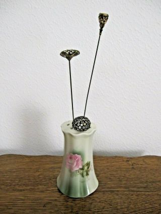 Antique Rs Germany Porcelain Pink Roses Hat Pin Holder & 3 Hat Pins