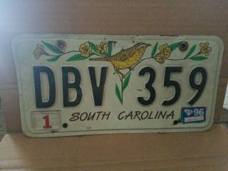Vtg S.  Carolina 1991 Wren,  Yellow Jessamine License Plate,  Dbv 359,  Bird,  Flower