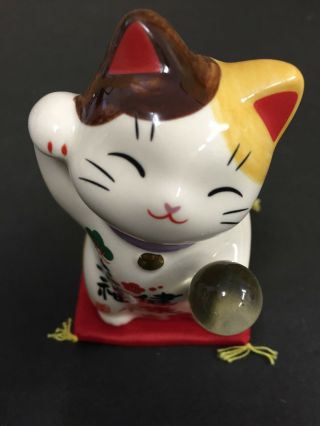 Pottery Maneki Neko Beckoning Lucky Cat White 7544 Good Luck 90mm Made In Japan