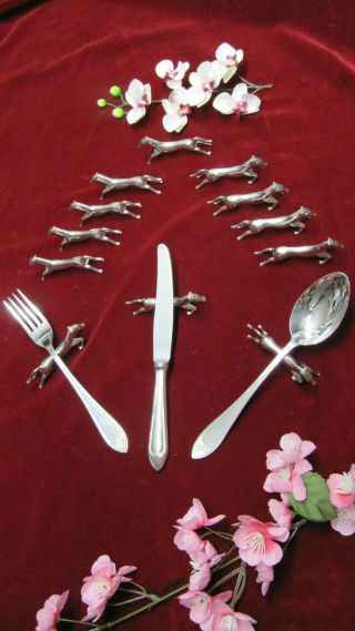 French Silver Plated Knife Rest Set 12 Vintage Art Deco Style Horse Equestrian