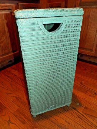 Vintage Whitney Wicker Clothes Hamper GREEN Mid 1950 ' s 3