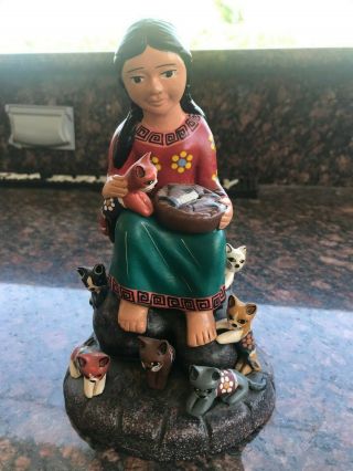 Folk Art Clay Pottery Storyteller Figurine With Cats Hand Painted Made In Peru