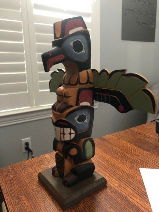 Vintage Native American Hand Carved Hand Painted Totem Pole By M.  Point 4