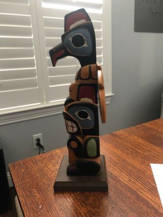 Vintage Native American Hand Carved Hand Painted Totem Pole By M.  Point 5