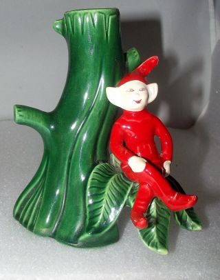 Vintage Treasure Craft Red Pixie Elf Sitting On Leaf W/ Green Tree Vase