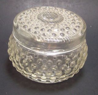Vanity Dresser Glass Powder Trinket Jar Lid Hobnail Moonstone Vintage 3 1/2 Ribb