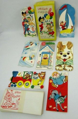 21 Vtg Mid Century Childrens Birthday Cards Box Nos Fold Outs Decorated Envelope