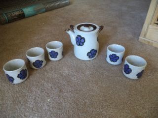 Vintage Omc Japan Tea Cup Set Otagiri Teapot - Blue Flower - No Handle - 5 Cups