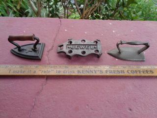 2 Antique Cast Iron Salesman Sample Toy Sad Irons Plus Jewel Sad Iron Trivet