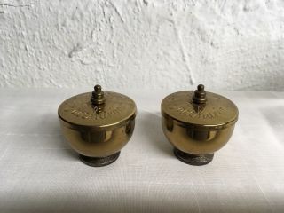 2 Vintage 1950’s Saccharine Pots Pill Holders Engraved Brass Containers Vgc