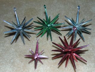 5 Vintage Mid Century Sputnik Atomic Star Burst Christmas Ornaments Pink Red