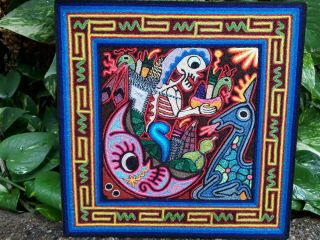 Incredible 12  X 12  Huichol Yarn Painting By Luis Castro.  Pp1146