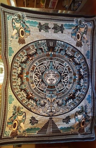 Authentic Mexican Woven Blanket - Jacquard Style W/ Aztec Calendar,  Turquoise