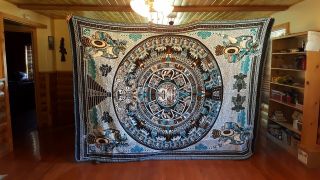Authentic Mexican Woven Blanket - Jacquard Style w/ Aztec Calendar,  Turquoise 2