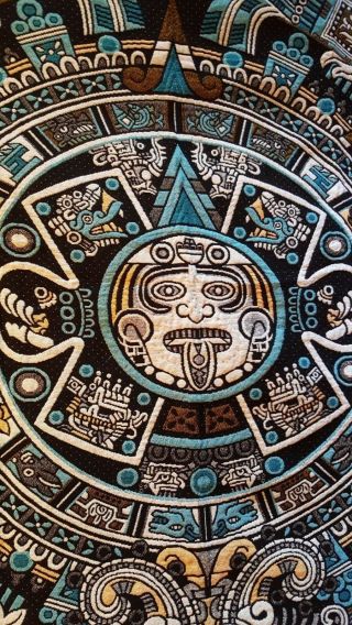 Authentic Mexican Woven Blanket - Jacquard Style w/ Aztec Calendar,  Turquoise 3