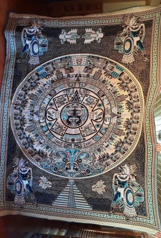 Authentic Mexican Woven Blanket - Jacquard Style w/ Aztec Calendar,  Turquoise 6
