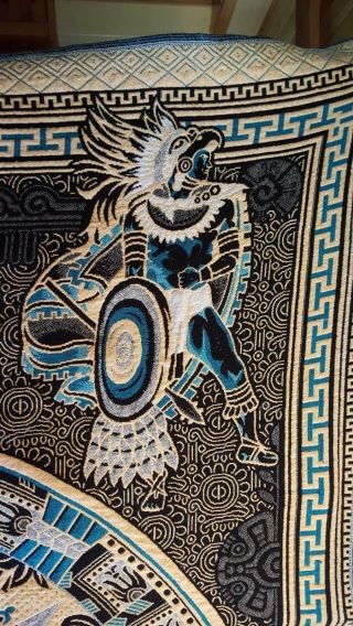 Authentic Mexican Woven Blanket - Jacquard Style w/ Aztec Calendar,  Turquoise 7