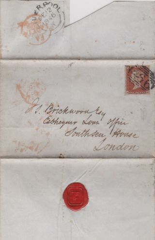 1846 Qv Liverpool Cover With A 1d Penny Red Stamp Horse In Seal Sent To London