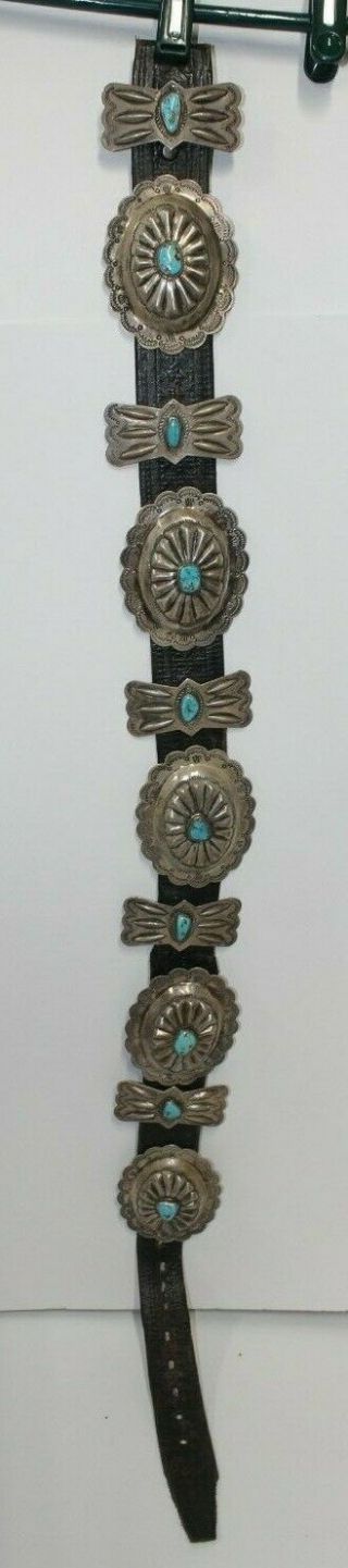 Native American Leather Belt W/ Sterling Silver And Turquoise Conchos Butterfly