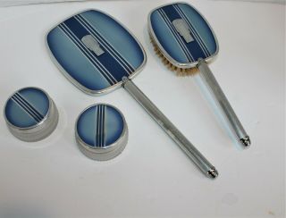 Vintage Vanity Set Art Deco Blue Silver Mirror Brush & Two Glass Containers