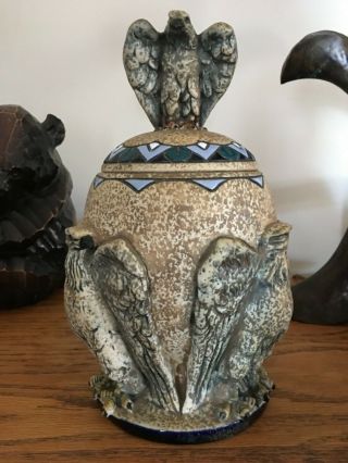 Czech Amphora Molded Eagles Covered Jar Humidor 1920’s Stamped