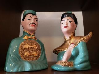 Mid Century Pair Glazed Ceramic Asian Oriental Couple Figurines Collectible