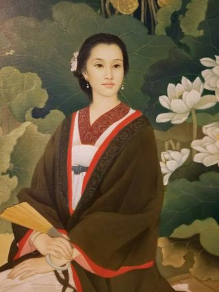 Large Painting On Canvas Chinese Asian Lady Woman With Lotus Flowers 24 " By 36 "